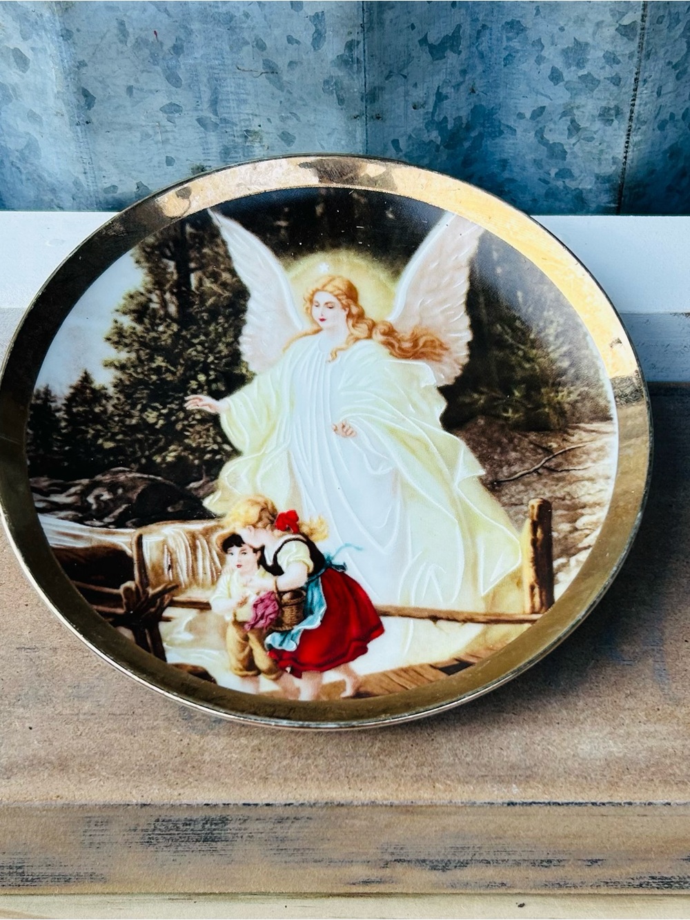 Vintage Guardian Angel Decorative Plate with Children - Gold Trim